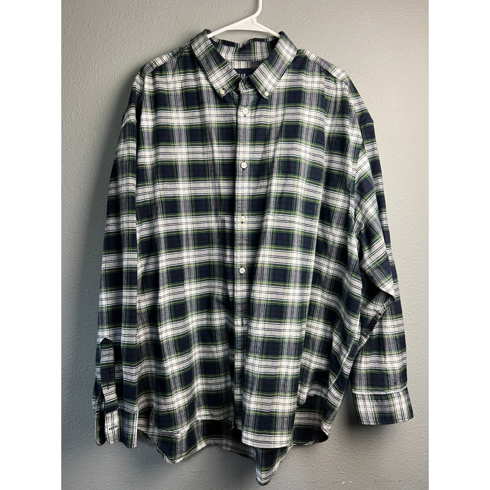 GAP The Big Shirt Oxford Plaid Button Down Shirt Navy Green XXL Mens Casual Fall
